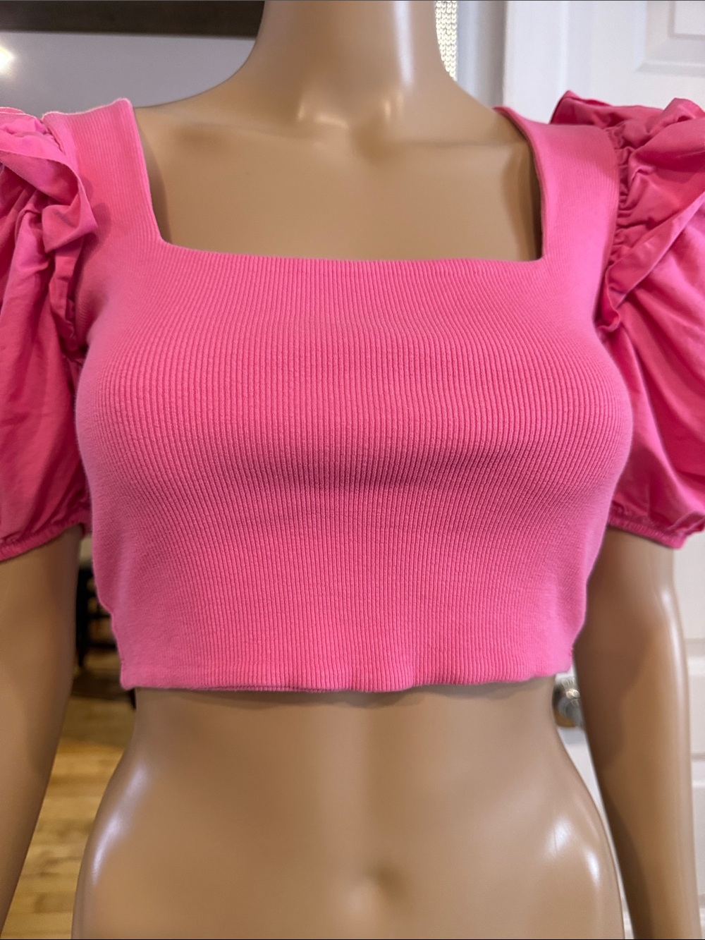 Zara Hot Pink Puff-Sleeve Square Neck Crop Top